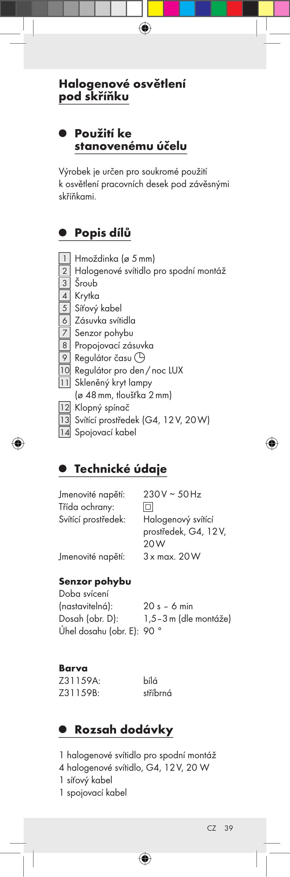 Popis dílů, Technické údaje, Rozsah dodávky | Livarno Z31159A-BS Z31159B-BS User Manual | Page 39 / 62