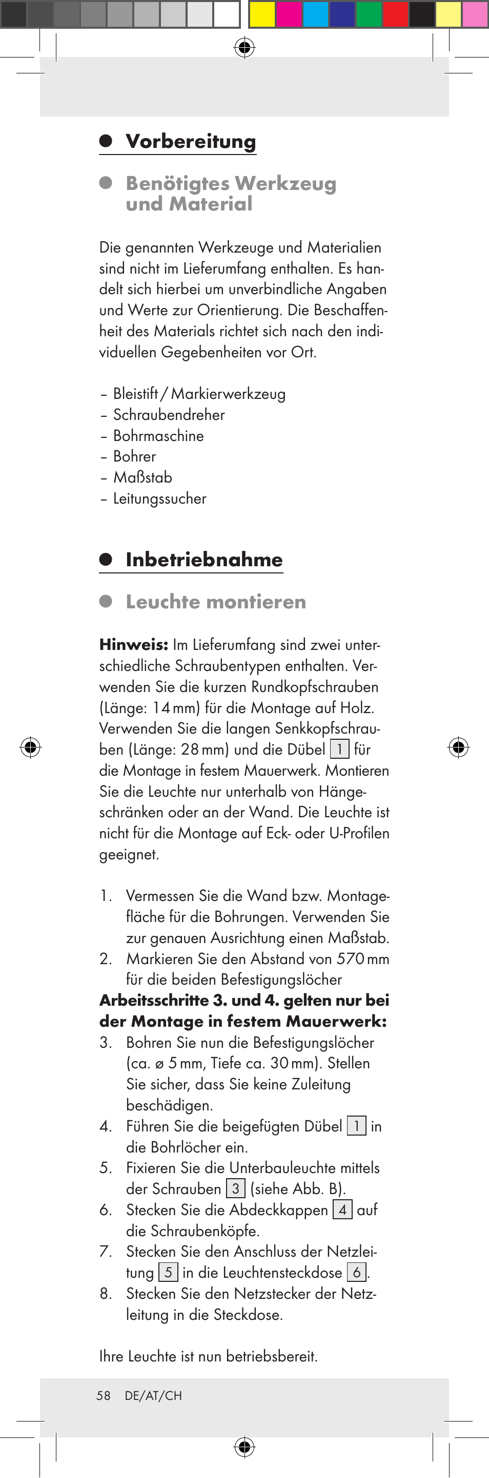 Vorbereitung benötigtes werkzeug und material, Inbetriebnahme leuchte montieren | Livarno Z31159A-BS Z31159B-BS User Manual | Page 58 / 62