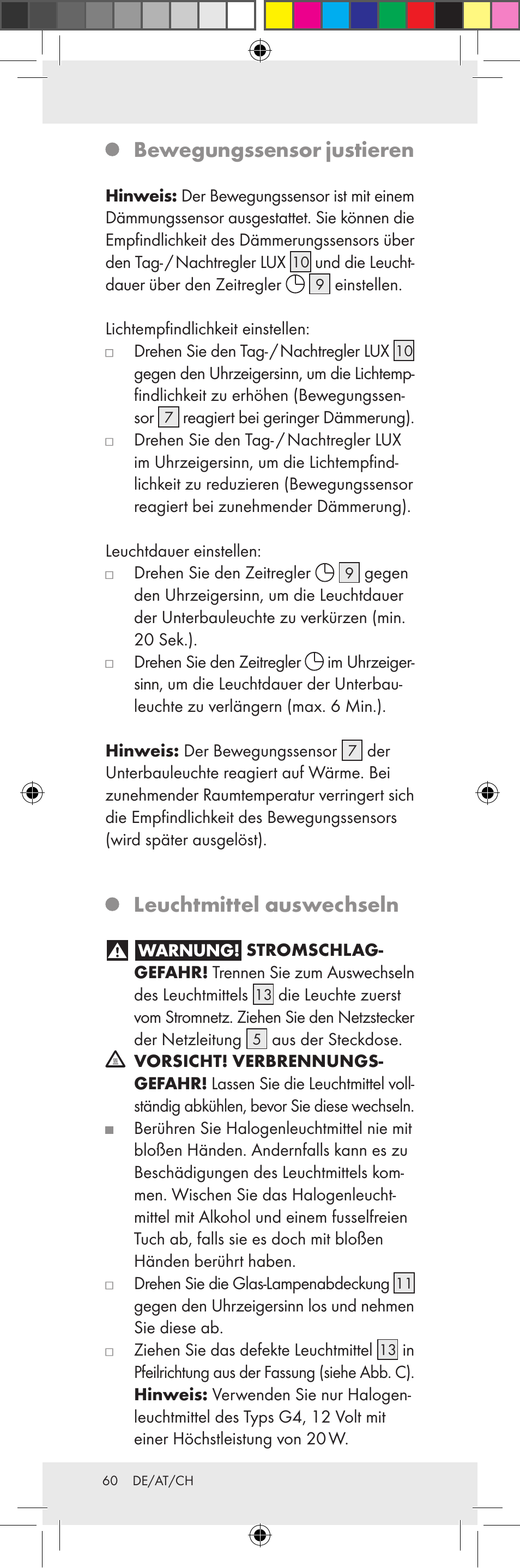 Bewegungssensor justieren, Leuchtmittel auswechseln | Livarno Z31159A-BS Z31159B-BS User Manual | Page 60 / 62