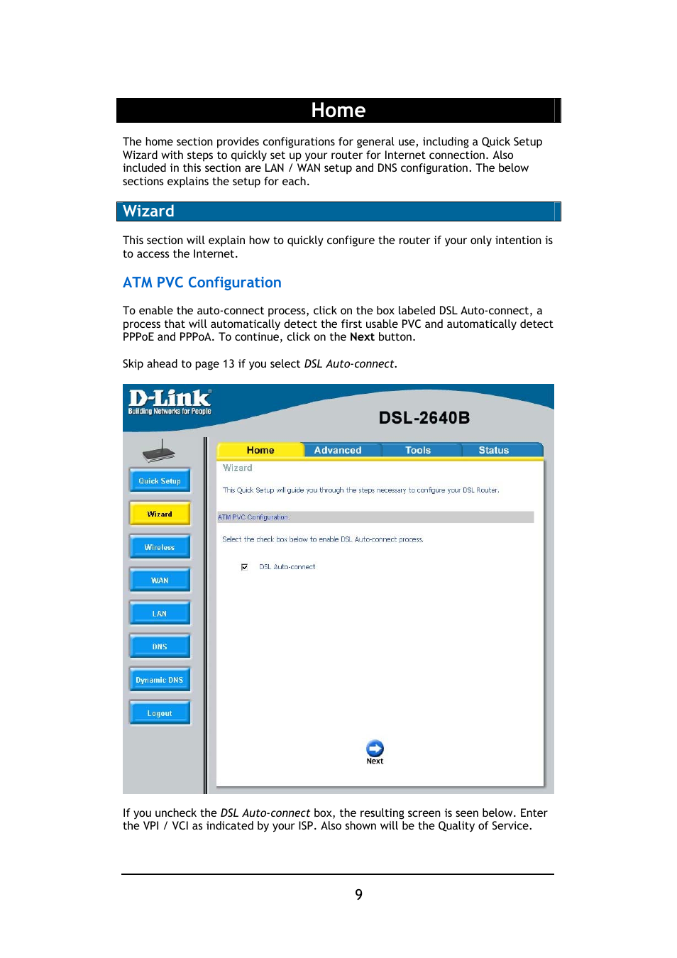 Home, Wizard | D-Link DSL-2640B User Manual | Page 10 / 85
