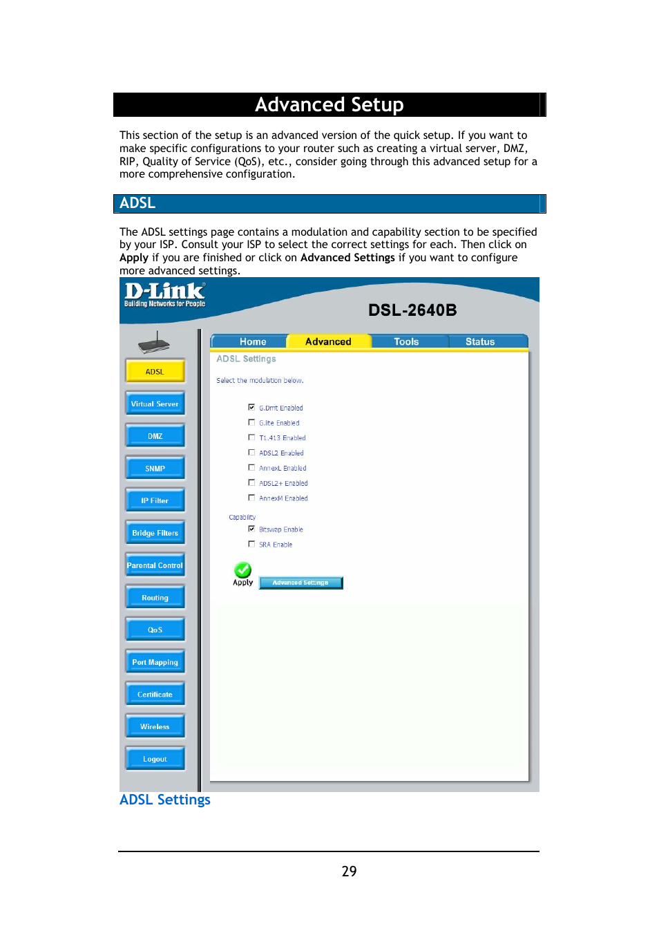 Advanced setup, Adsl | D-Link DSL-2640B User Manual | Page 30 / 85