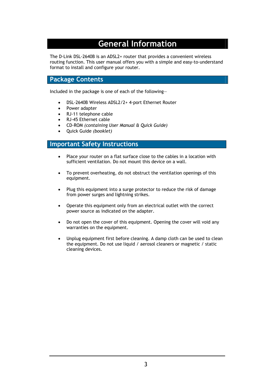 General information, Package contents, Important safety instructions | D-Link DSL-2640B User Manual | Page 4 / 85
