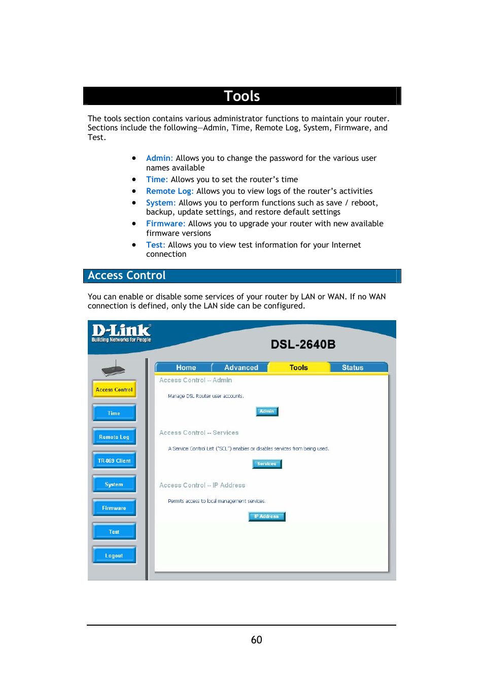 Tools, Access control | D-Link DSL-2640B User Manual | Page 61 / 85