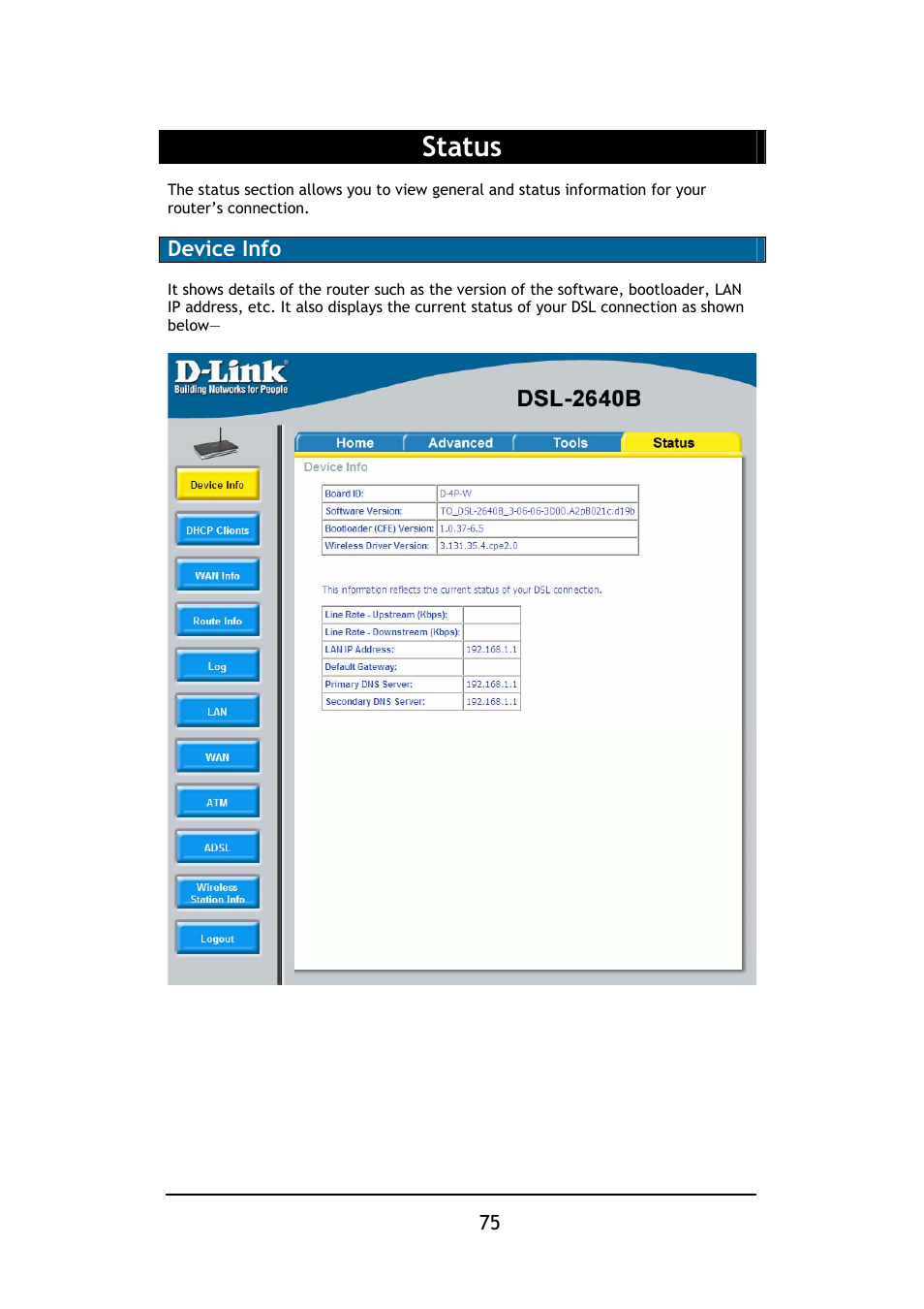 Status, Device info | D-Link DSL-2640B User Manual | Page 76 / 85