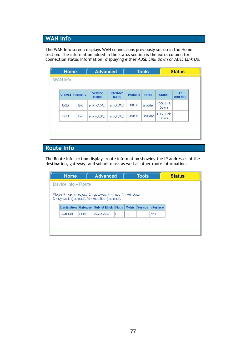 Wan info, Route info | D-Link DSL-2640B User Manual | Page 78 / 85
