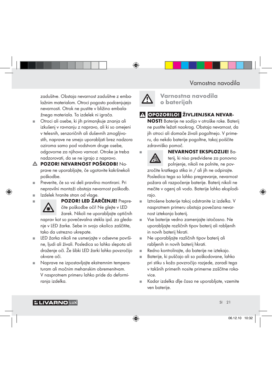 Varnostna navodila, Varnostna navodila o baterijah | Livarno Z31124 User Manual | Page 19 / 32