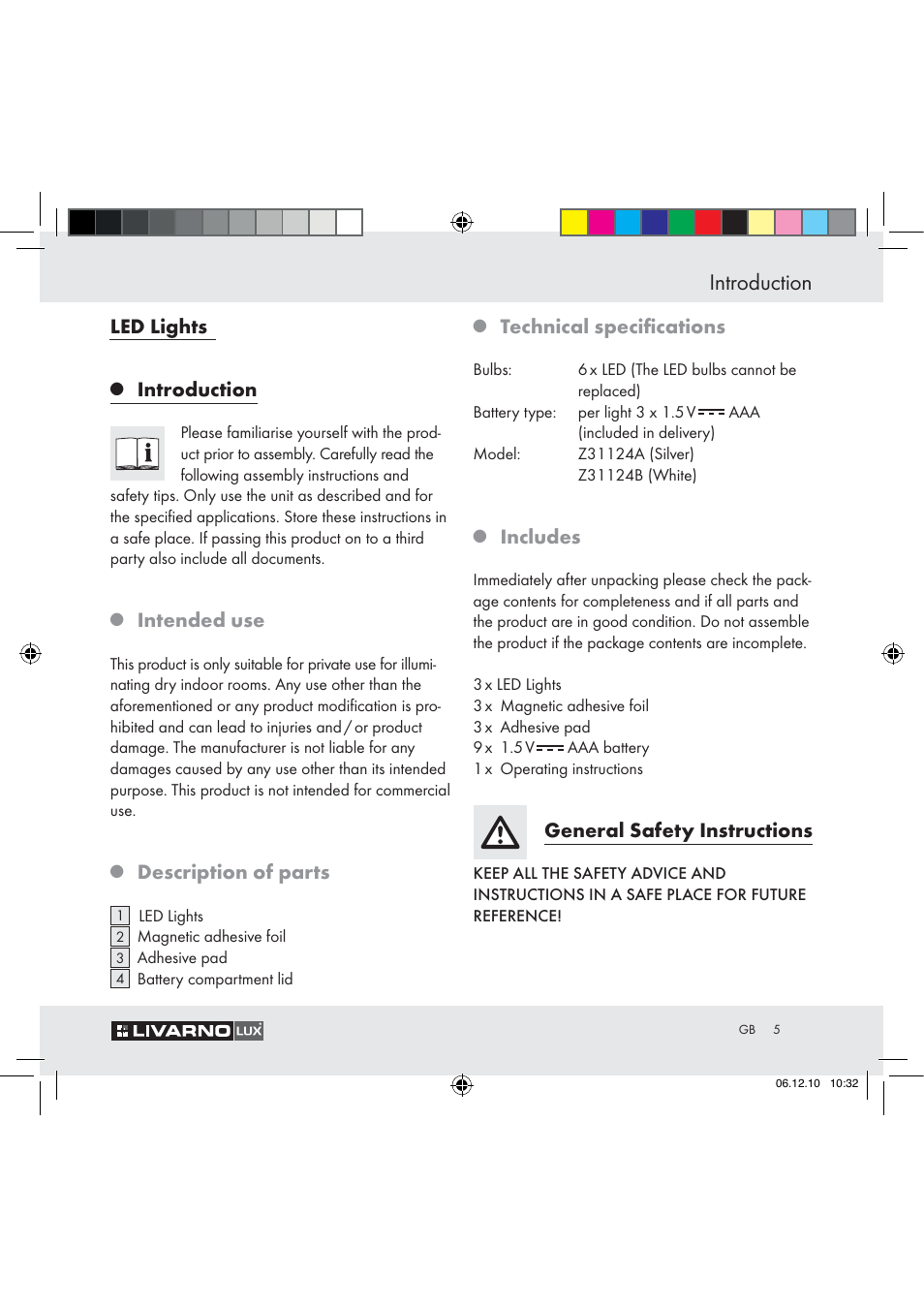 Introduction, Led lights, Intended use | Description of parts, Technical speciﬁcations, Includes, General safety instructions | Livarno Z31124 User Manual | Page 3 / 32