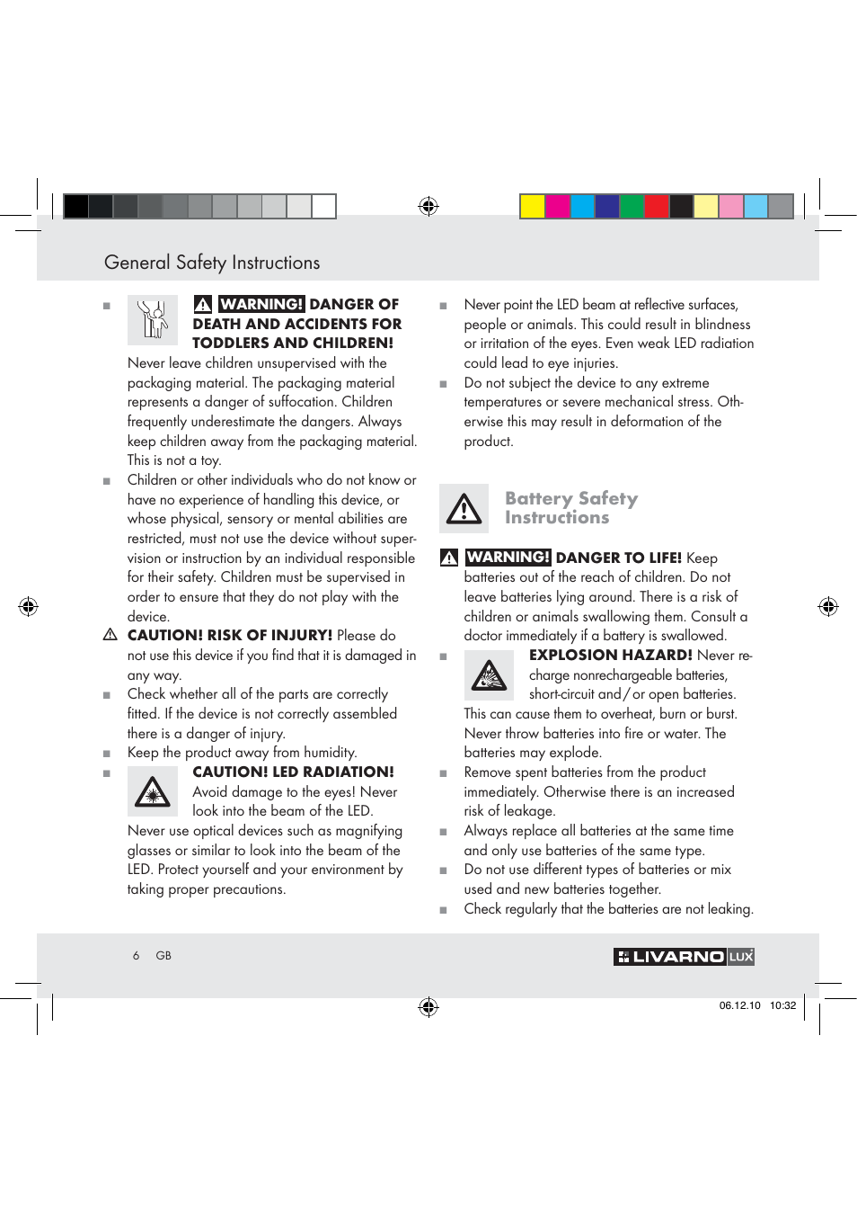 General safety instructions, Battery safety instructions | Livarno Z31124 User Manual | Page 4 / 32