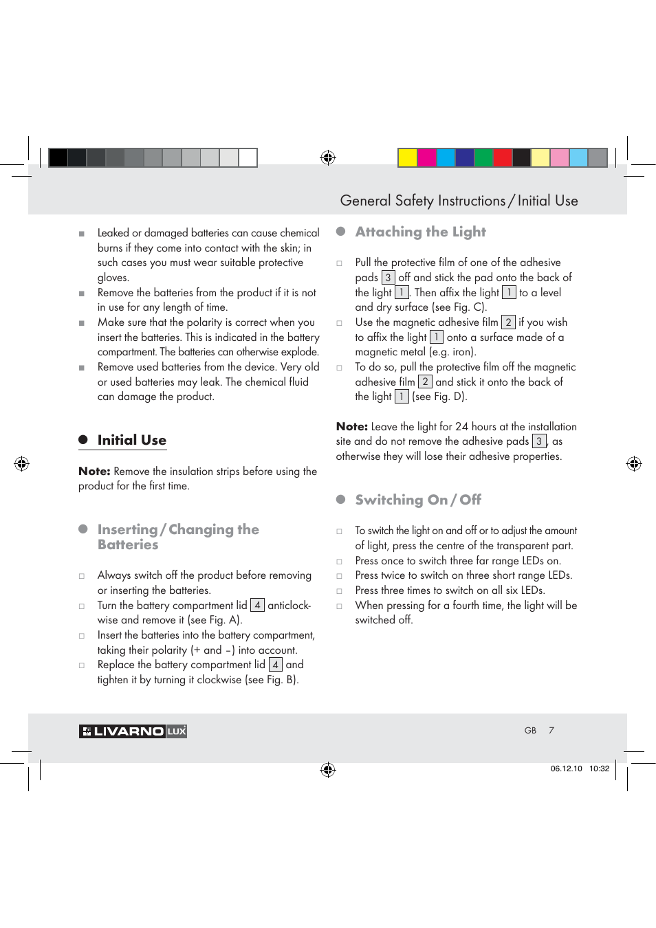 General safety instructions / initial use, Initial use, Inserting / changing the batteries | Attaching the light, Switching on / oﬀ | Livarno Z31124 User Manual | Page 5 / 32