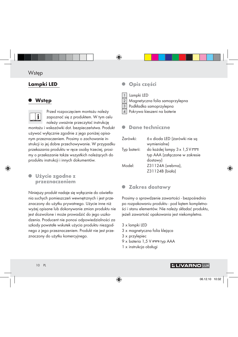 Wstęp, Ampki led, Użycie zgodne z przeznaczeniem | Opis części, Dane techniczne, Zakres dostawy | Livarno Z31124 User Manual | Page 8 / 32