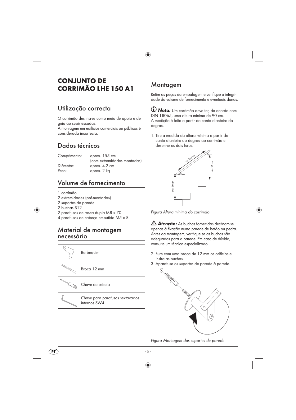 Dados técnicos, Volume de fornecimento, Material de montagem necessário | Montagem, Nota, Atenção | Livarno LHE 150 A1 User Manual | Page 7 / 12