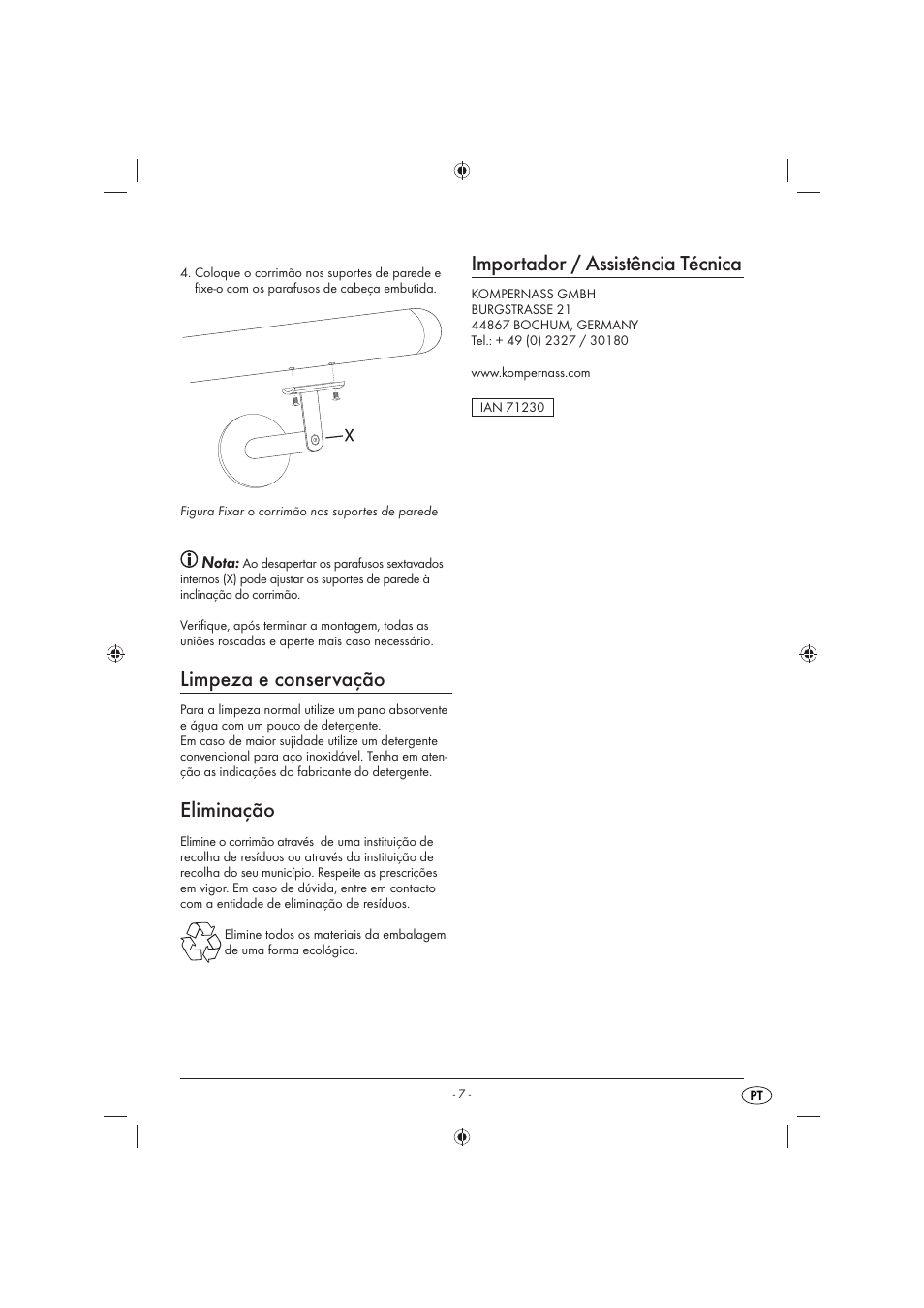 Limpeza e conservação, Eliminação, Importador / assistência técnica | Nota | Livarno LHE 150 A1 User Manual | Page 8 / 12