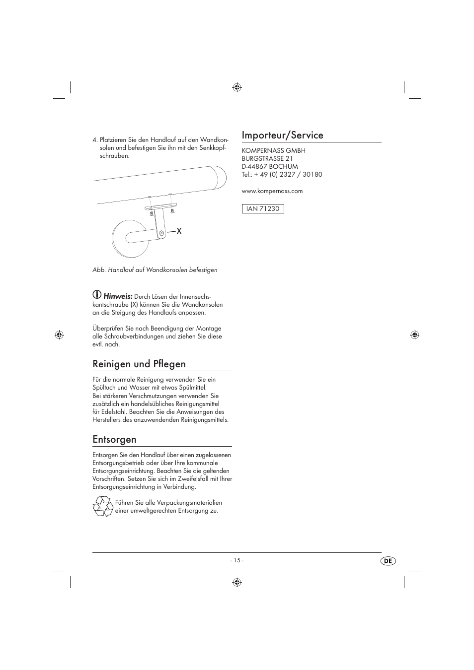 Reinigen und pﬂ egen, Entsorgen, Importeur/service | Hinweis | Livarno LHE 150 A1 User Manual | Page 16 / 16