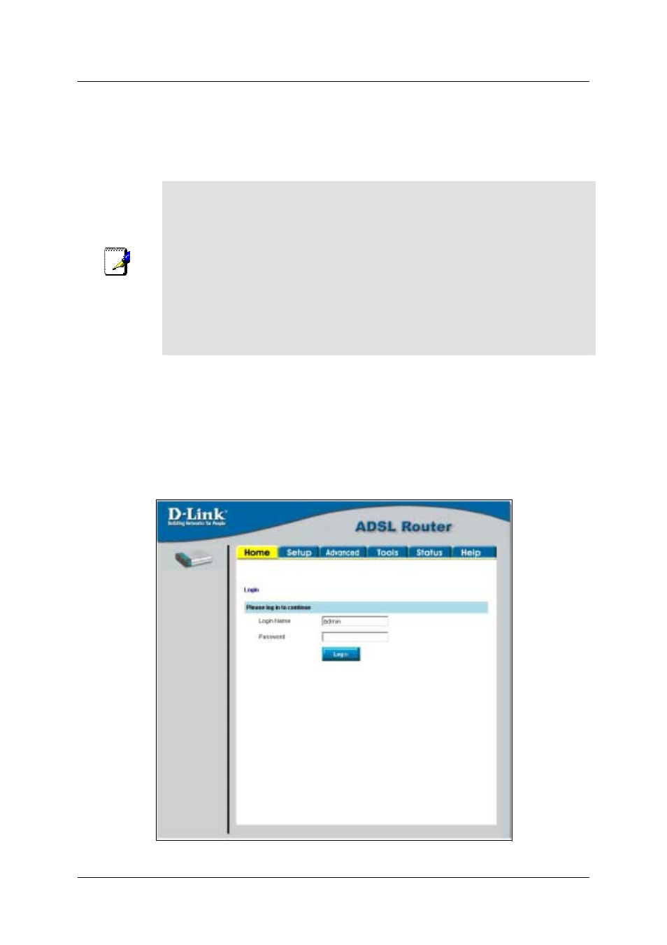 Access the configuration manager, Login to home page | D-Link DSL-500T User Manual | Page 27 / 87