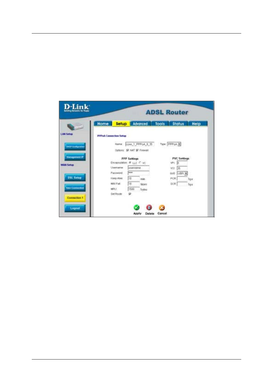 Configure connection 1 for pppoa | D-Link DSL-500T User Manual | Page 31 / 87