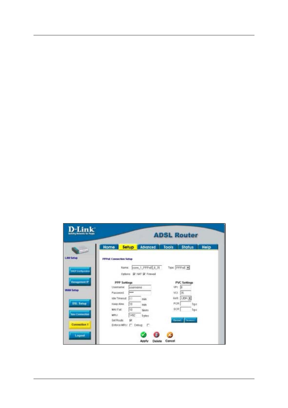Change the connection type, Configure connection 1 for pppoe | D-Link DSL-500T User Manual | Page 32 / 87