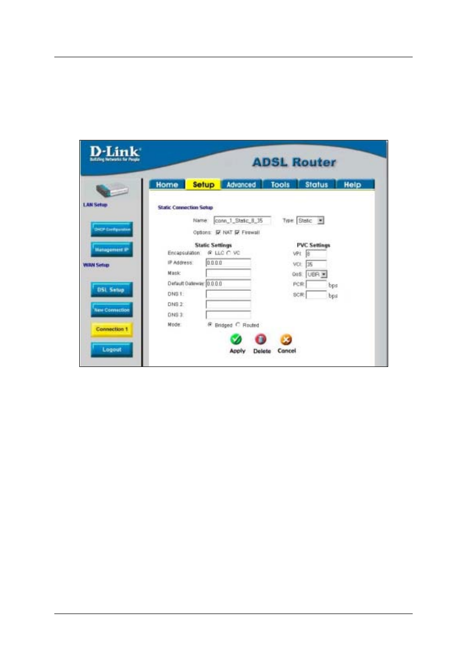 Configure connection 1 for static ip for wan | D-Link DSL-500T User Manual | Page 35 / 87
