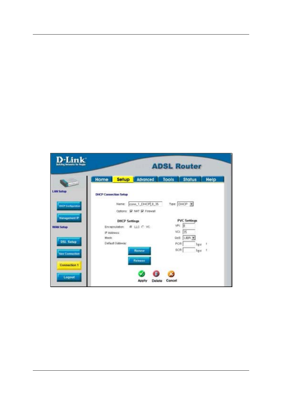 Configure connection 1 for dhcp for wan | D-Link DSL-500T User Manual | Page 36 / 87