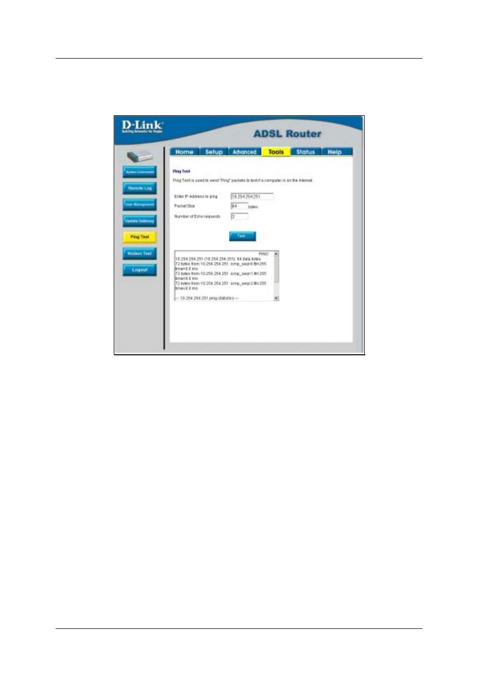 Ping test | D-Link DSL-500T User Manual | Page 66 / 87