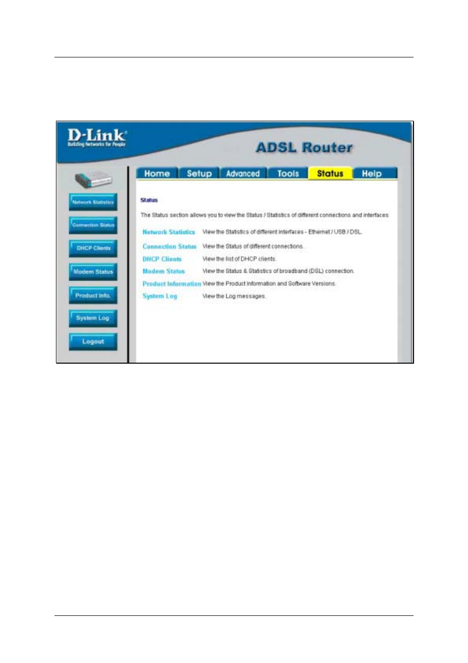 Status menus | D-Link DSL-500T User Manual | Page 68 / 87