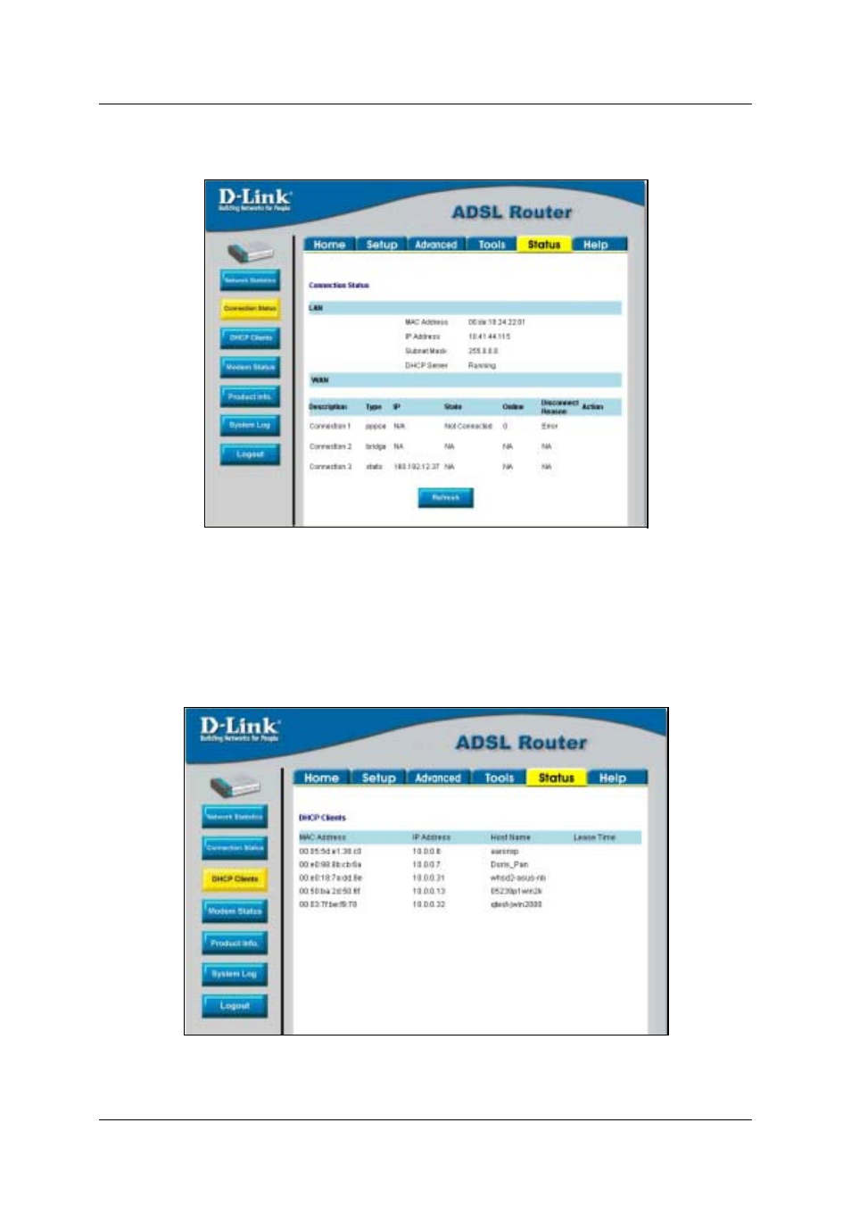 Connection status, Dhcp clients | D-Link DSL-500T User Manual | Page 70 / 87