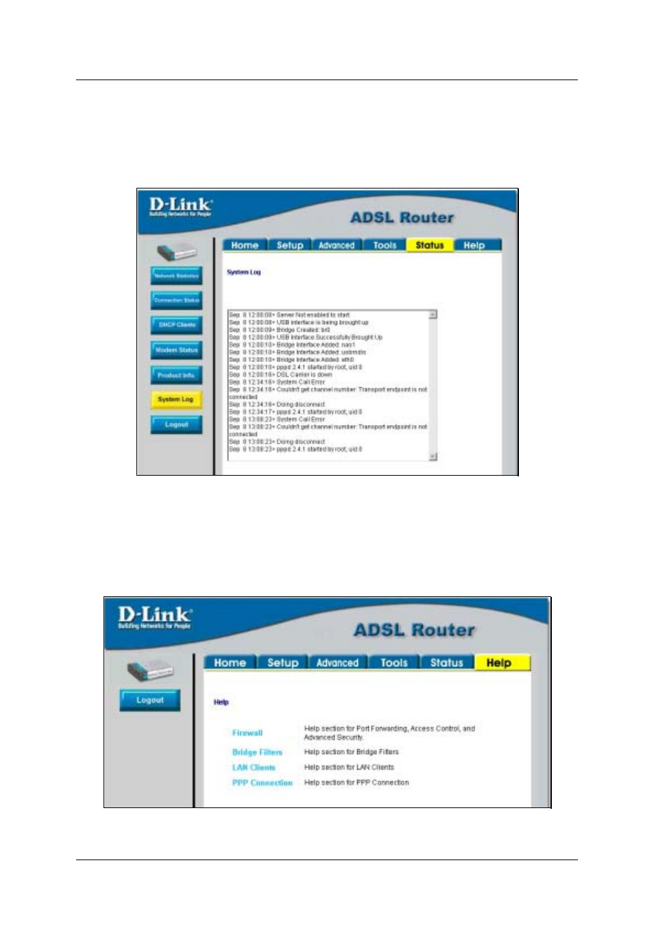 System log, Help menu | D-Link DSL-500T User Manual | Page 72 / 87