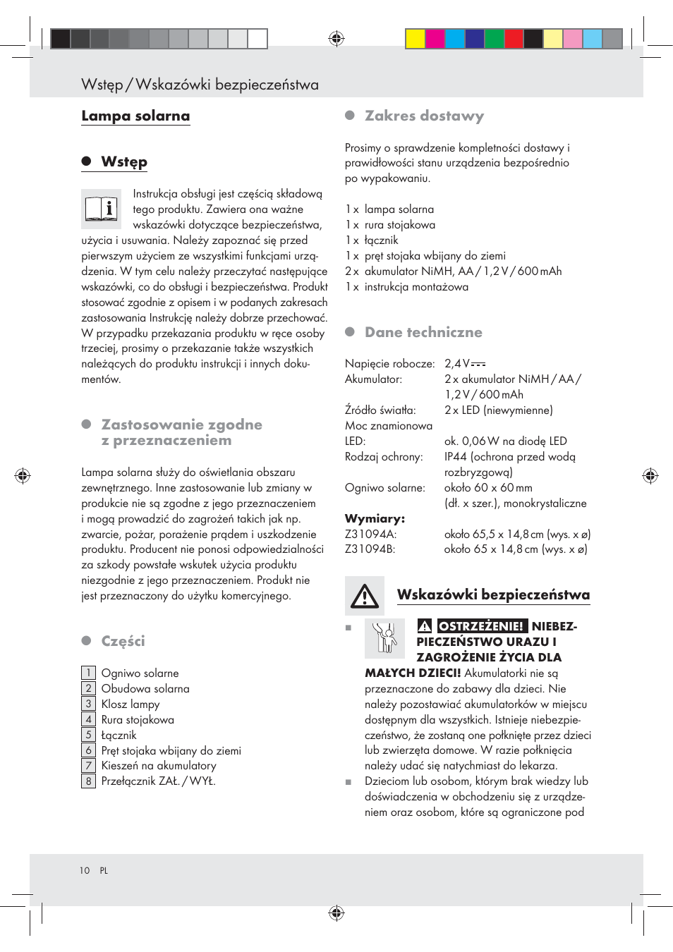 Wstęp / wskazówki bezpieczeństwa, Lampa solarna, Wstęp | Zastosowanie zgodne z przeznaczeniem, Części, Zakres dostawy, Dane techniczne, Wskazówki bezpieczeństwa | Livarno Z31094A Z31094B User Manual | Page 10 / 40