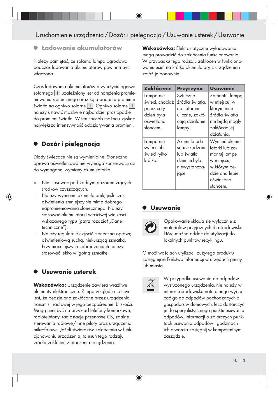 Ładowanie akumulatorów, Dozór i pielęgnacja, Usuwanie usterek | Usuwanie | Livarno Z31094A Z31094B User Manual | Page 13 / 40