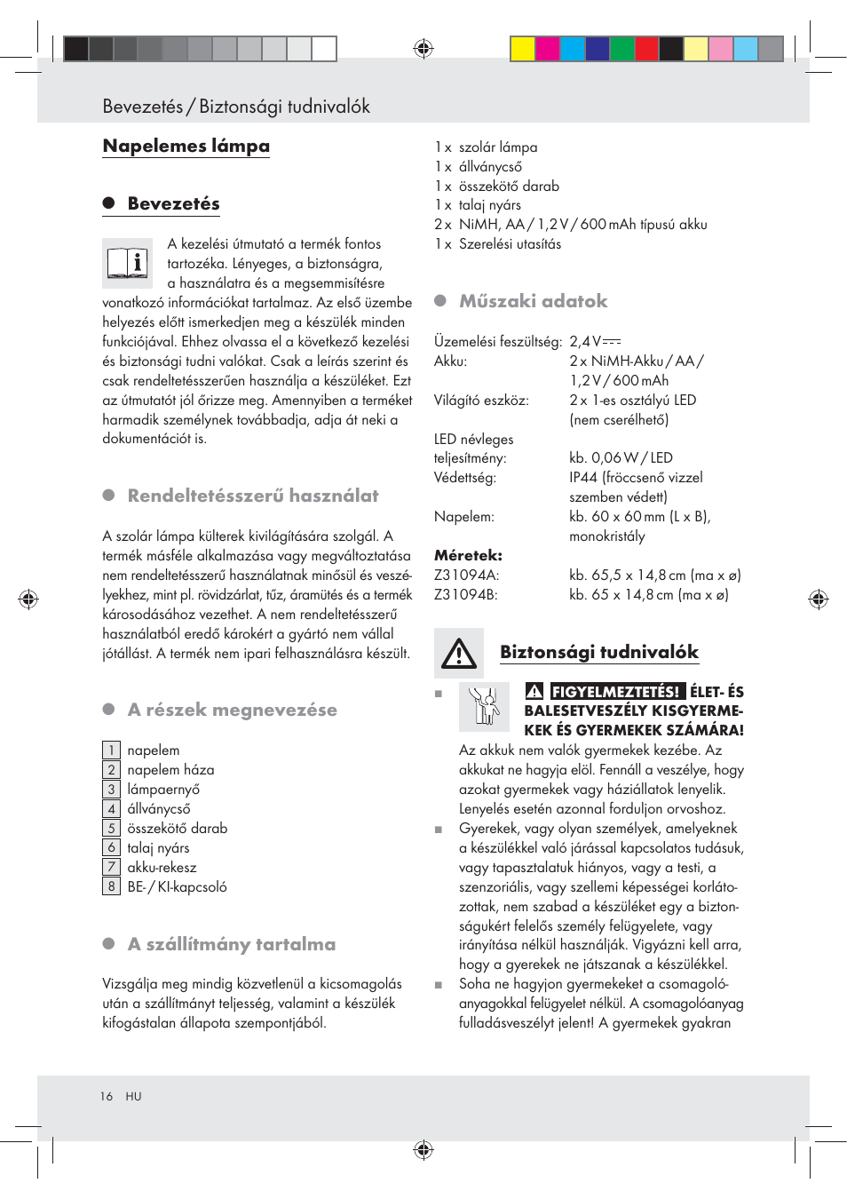 Bevezetés / biztonsági tudnivalók, Napelemes lámpa, Bevezetés | Rendeltetésszerű használat, A részek megnevezése, A szállítmány tartalma, Műszaki adatok, Biztonsági tudnivalók | Livarno Z31094A Z31094B User Manual | Page 16 / 40