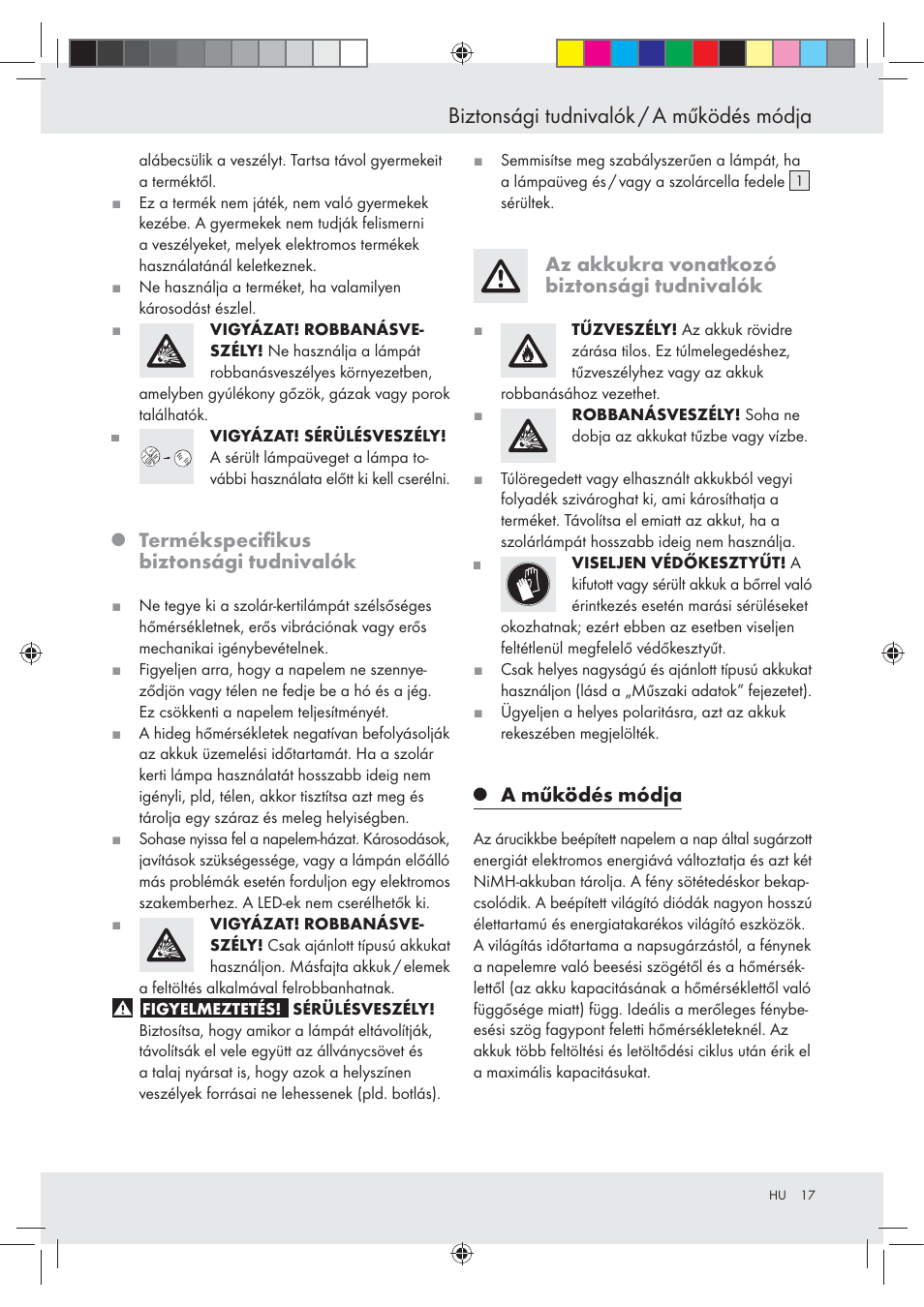Biztonsági tudnivalók / a működés módja, Termékspeciﬁkus biztonsági tudnivalók, Az akkukra vonatkozó biztonsági tudnivalók | A működés módja | Livarno Z31094A Z31094B User Manual | Page 17 / 40