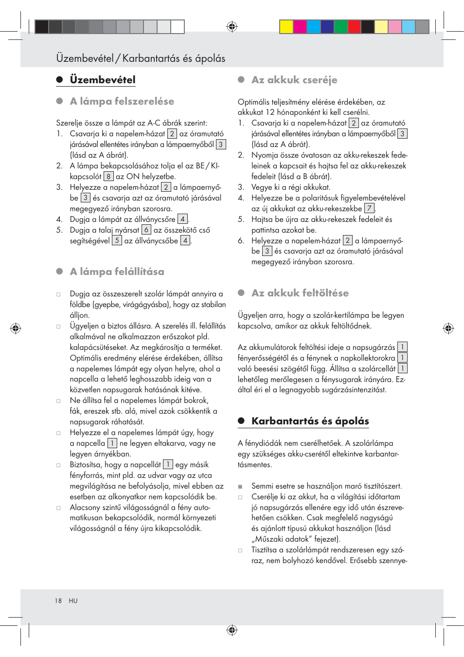 Üzembevétel / karbantartás és ápolás, Üzembevétel, A lámpa felszerelése | A lámpa felállítása, Az akkuk cseréje, Az akkuk feltöltése, Karbantartás és ápolás | Livarno Z31094A Z31094B User Manual | Page 18 / 40