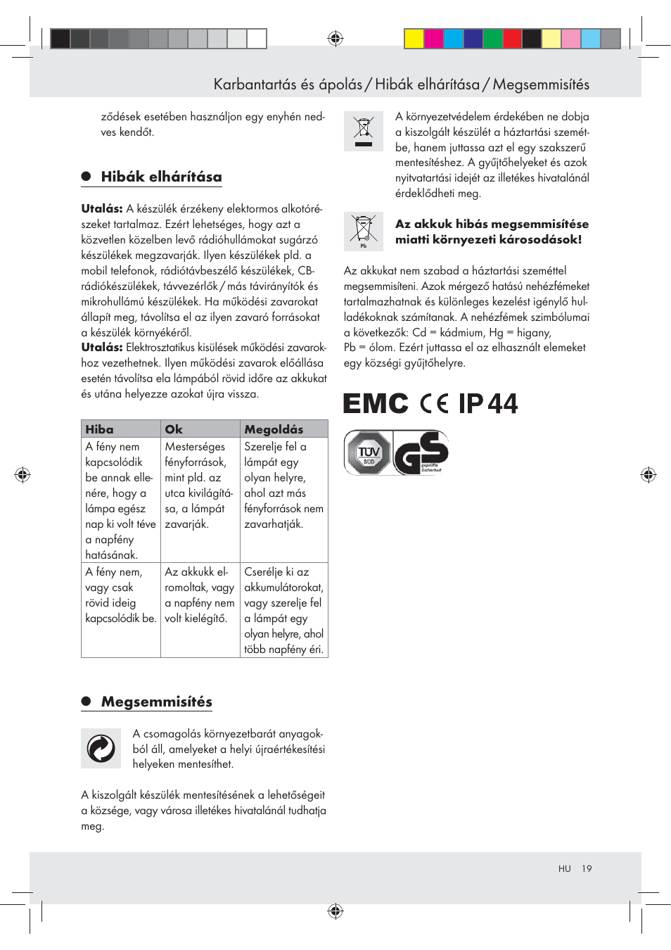 Hibák elhárítása, Megsemmisítés | Livarno Z31094A Z31094B User Manual | Page 19 / 40