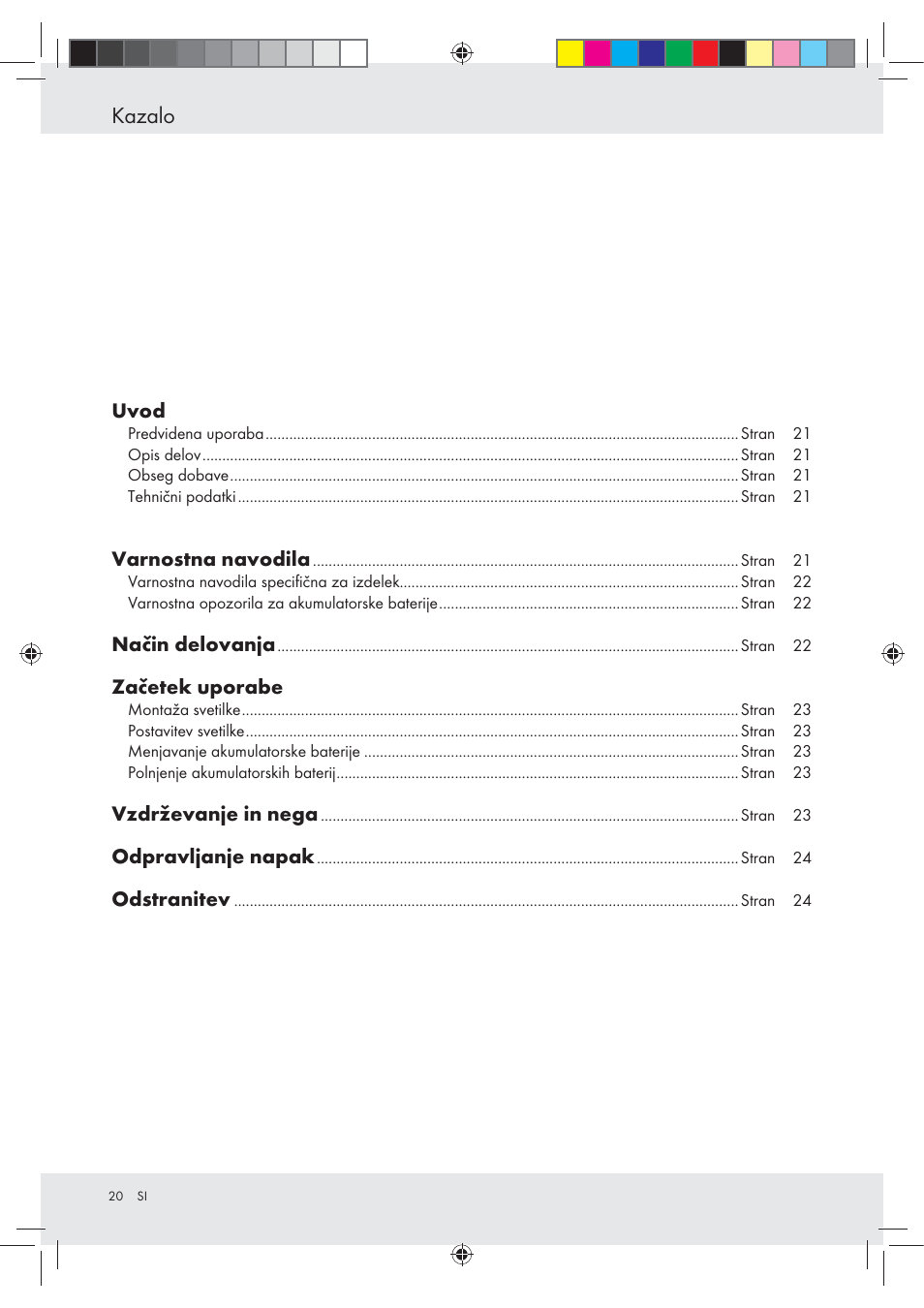 Kazalo | Livarno Z31094A Z31094B User Manual | Page 20 / 40