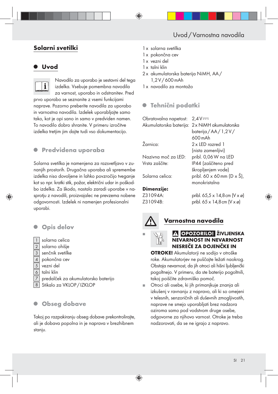 Uvod / varnostna navodila, Solarni svetilki, Uvod | Predvidena uporaba, Opis delov, Obseg dobave, Tehnični podatki, Varnostna navodila | Livarno Z31094A Z31094B User Manual | Page 21 / 40