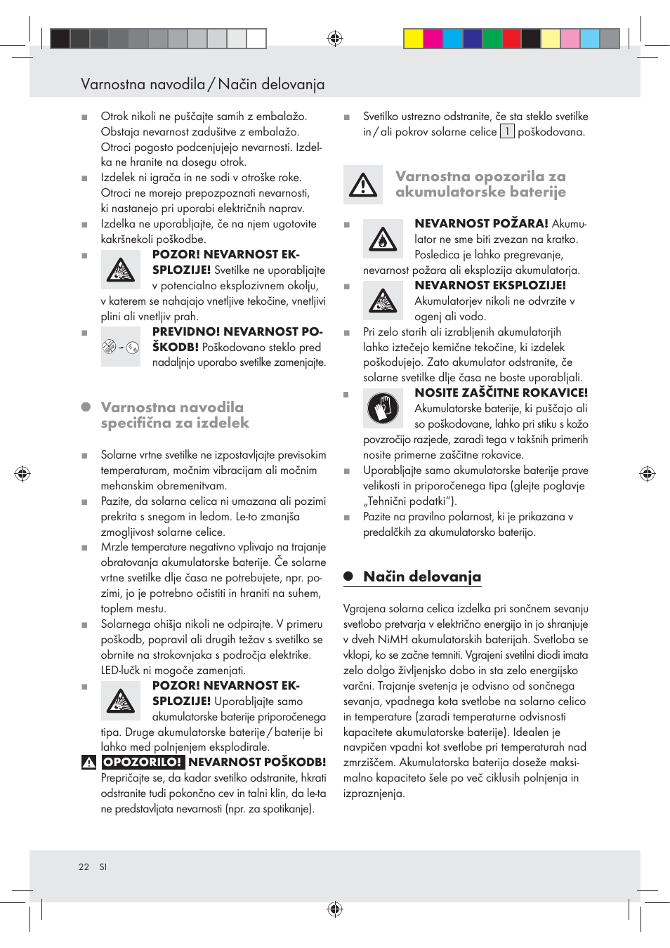 Varnostna navodila / način delovanja, Varnostna navodila speciﬁčna za izdelek, Varnostna opozorila za akumulatorske baterije | Način delovanja | Livarno Z31094A Z31094B User Manual | Page 22 / 40