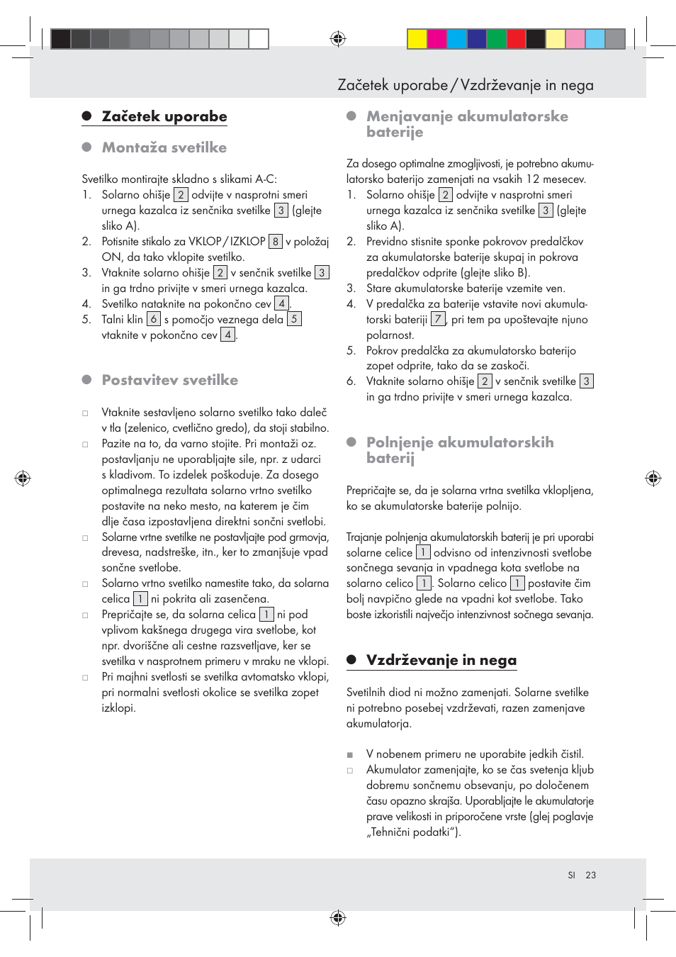 Začetek uporabe / vzdrževanje in nega, Začetek uporabe, Montaža svetilke | Postavitev svetilke, Menjavanje akumulatorske baterije, Polnjenje akumulatorskih baterij, Vzdrževanje in nega | Livarno Z31094A Z31094B User Manual | Page 23 / 40