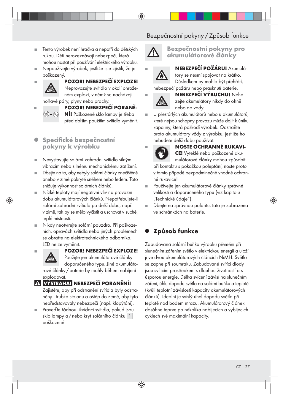 Bezpečnostní pokyny / způsob funkce, Speciﬁcké bezpečnostní pokyny k výrobku, Bezpečnostní pokyny pro akumulátorové články | Způsob funkce | Livarno Z31094A Z31094B User Manual | Page 27 / 40