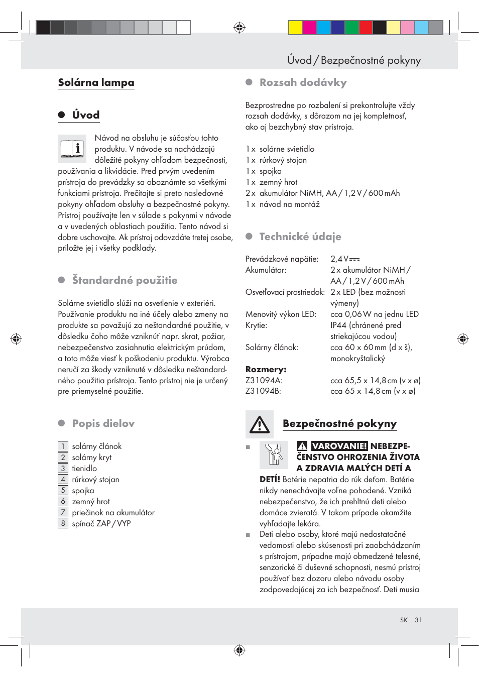 Úvod / bezpečnostné pokyny, Solárna lampa, Úvod | Štandardné použitie, Popis dielov, Rozsah dodávky, Technické údaje, Bezpečnostné pokyny | Livarno Z31094A Z31094B User Manual | Page 31 / 40