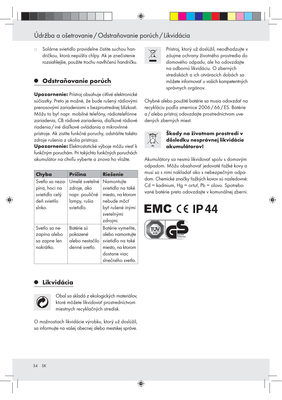 Odstraňovanie porúch, Likvidácia | Livarno Z31094A Z31094B User Manual | Page 34 / 40