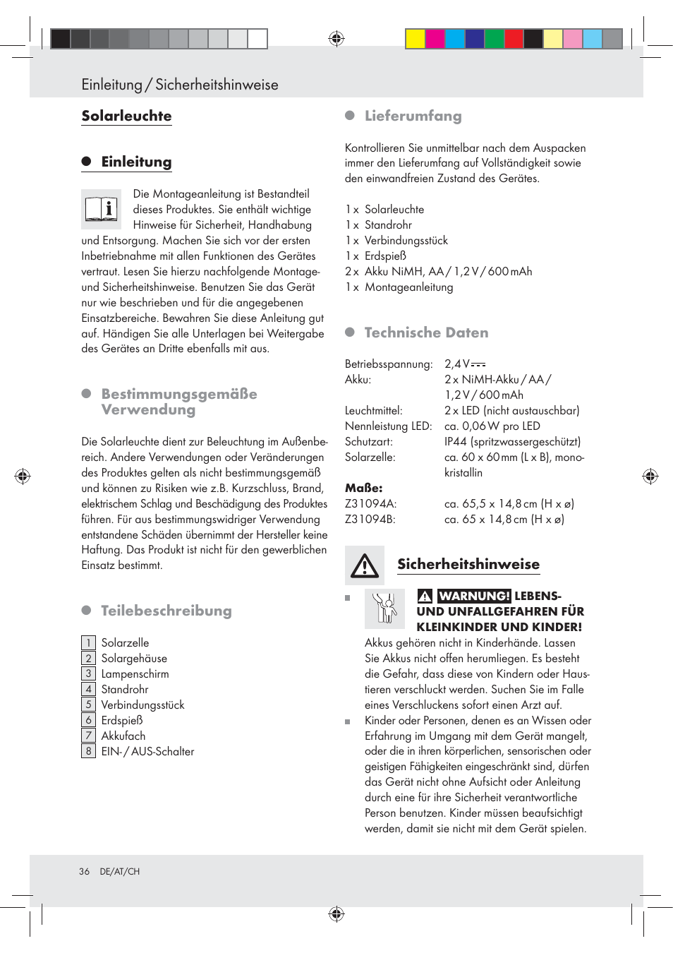 Einleitung / sicherheitshinweise, Solarleuchte, Einleitung | Bestimmungsgemäße verwendung, Teilebeschreibung, Lieferumfang, Technische daten, Sicherheitshinweise | Livarno Z31094A Z31094B User Manual | Page 36 / 40
