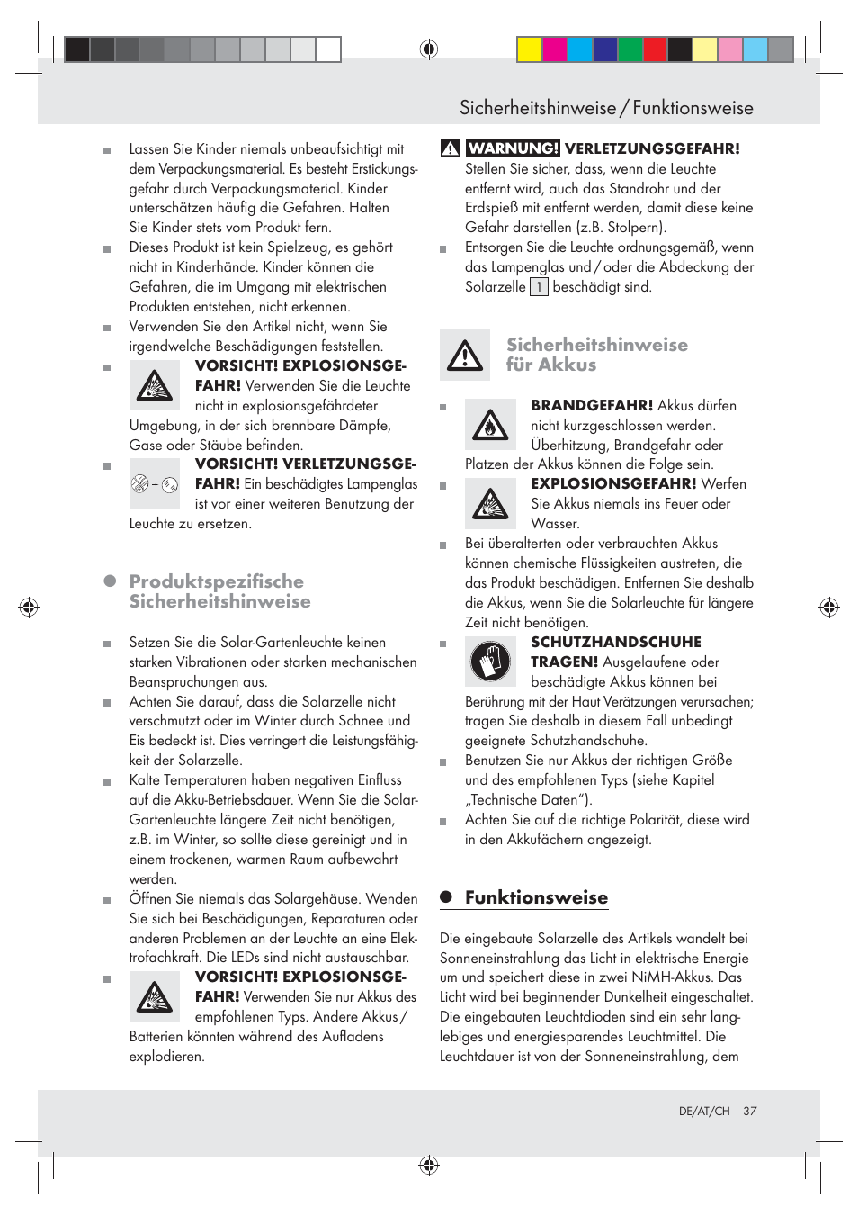 Sicherheitshinweise / funktionsweise, Produktspeziﬁsche sicherheitshinweise, Sicherheitshinweise für akkus | Funktionsweise | Livarno Z31094A Z31094B User Manual | Page 37 / 40