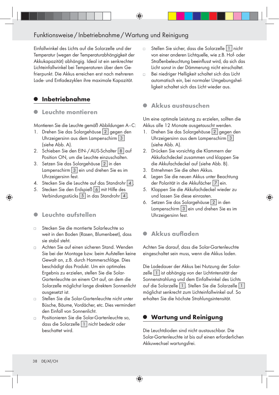 Inbetriebnahme, Leuchte montieren, Leuchte aufstellen | Akkus austauschen, Akkus auﬂaden, Wartung und reinigung | Livarno Z31094A Z31094B User Manual | Page 38 / 40