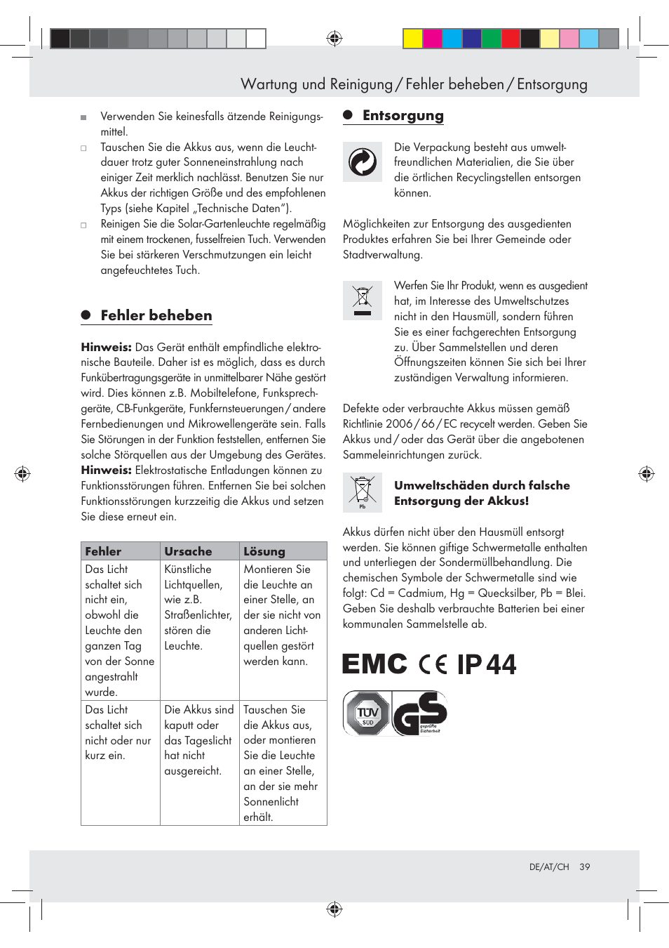 Fehler beheben, Entsorgung | Livarno Z31094A Z31094B User Manual | Page 39 / 40