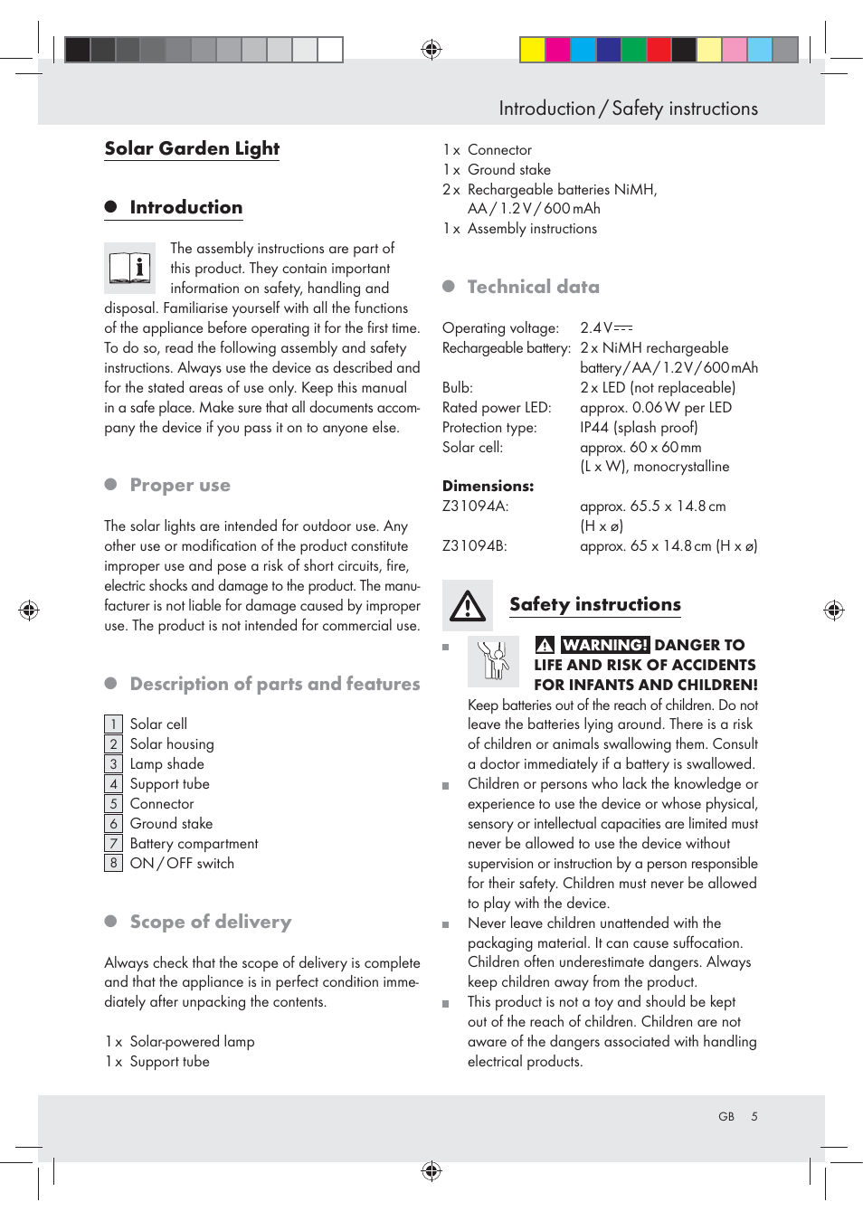 Introduction / safety instructions, Solar garden light, Introduction | Proper use, Description of parts and features, Scope of delivery, Technical data, Safety instructions | Livarno Z31094A Z31094B User Manual | Page 5 / 40