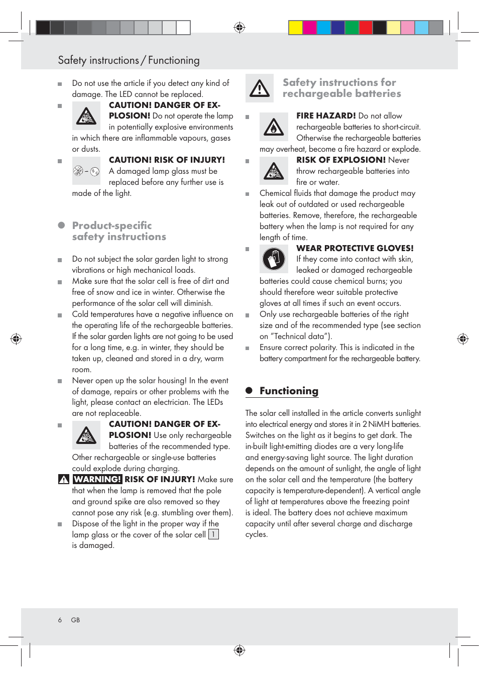 Safety instructions / functioning, Product-speciﬁc safety instructions, Safety instructions for rechargeable batteries | Functioning | Livarno Z31094A Z31094B User Manual | Page 6 / 40