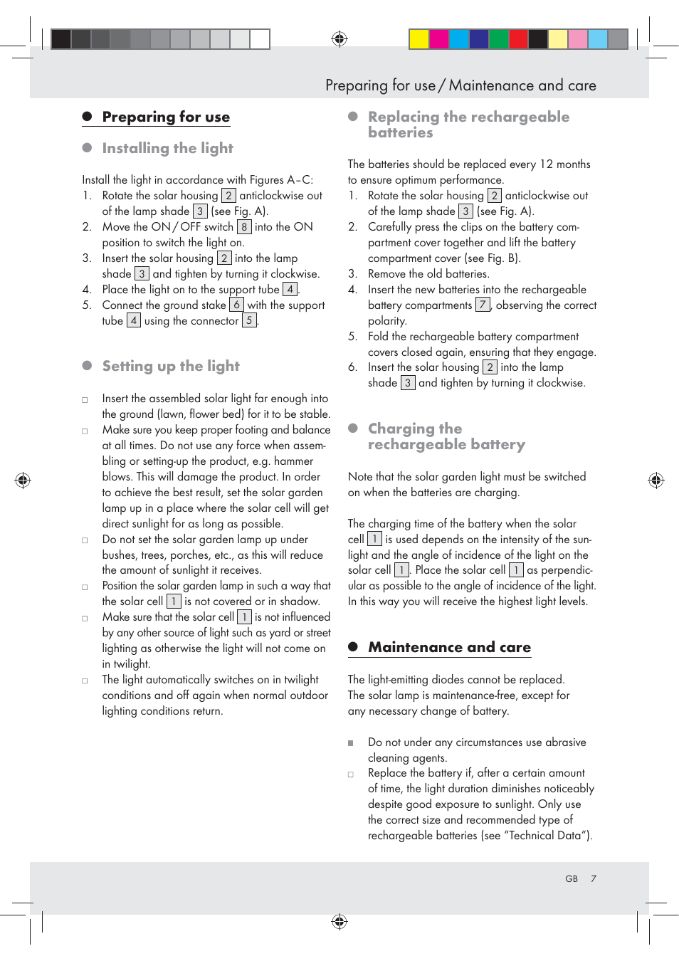 Preparing for use / maintenance and care, Preparing for use, Installing the light | Setting up the light, Replacing the rechargeable batteries, Charging the rechargeable battery, Maintenance and care | Livarno Z31094A Z31094B User Manual | Page 7 / 40