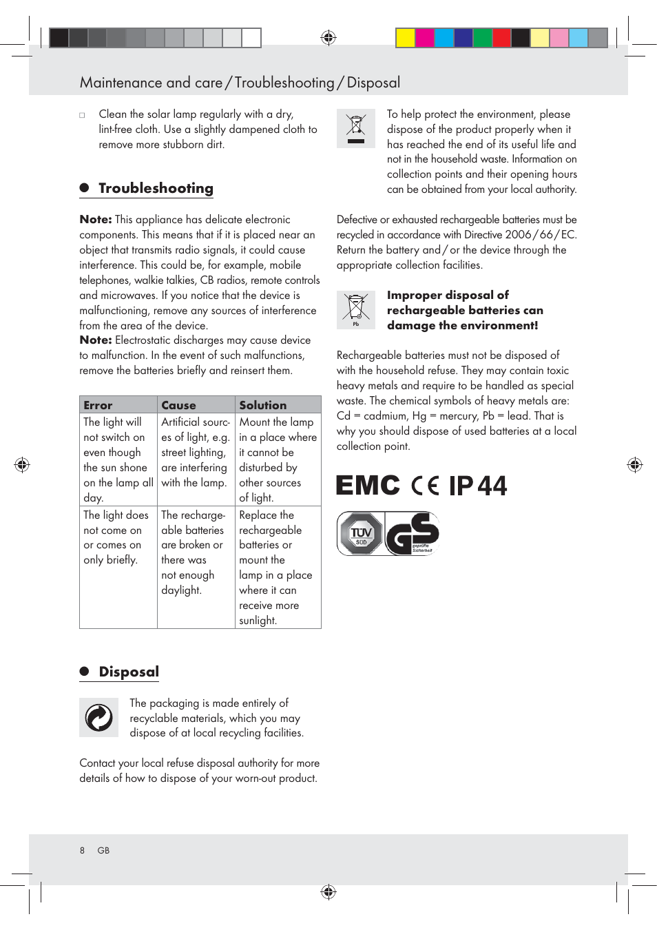 Maintenance and care / troubleshooting / disposal, Troubleshooting, Disposal | Livarno Z31094A Z31094B User Manual | Page 8 / 40