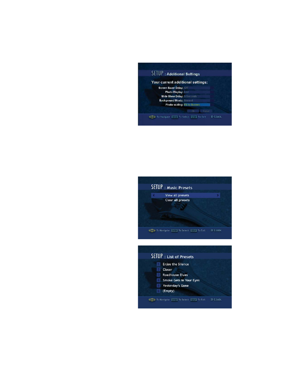 Setup (continued), Additional settings, Music presets | D-Link DSM-320RD User Manual | Page 94 / 120