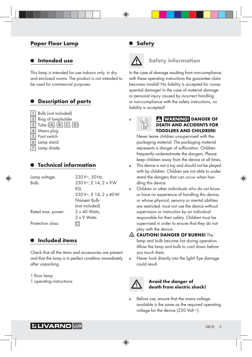 Paper floor lamp intended use, Description of parts, Technical information | Included items, Safety safety information | Livarno Z31050..-BS User Manual | Page 5 / 8