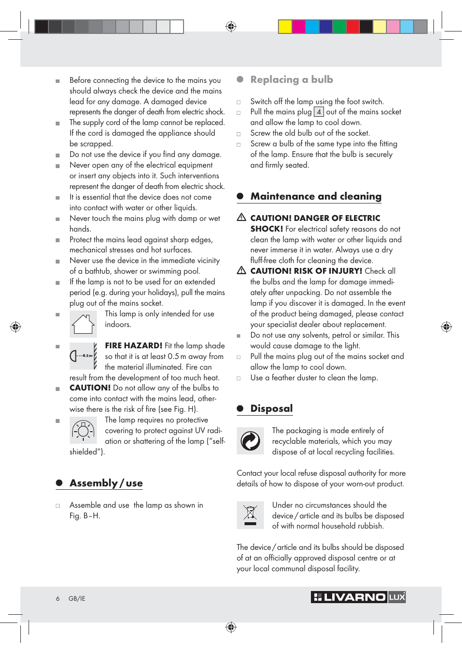 Assembly / use, Replacing a bulb, Maintenance and cleaning | Disposal | Livarno Z31050..-BS User Manual | Page 6 / 8